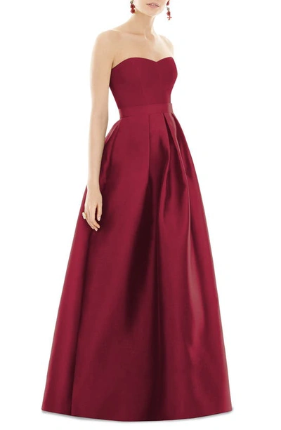 Alfred Sung Strapless Satin Twill A-line Gown In Burgundy