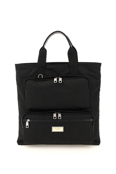 Dolce & Gabbana Logo Plaque Nylon Tote Bag In Black