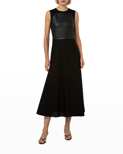 Akris Leather Trapezoid Bodice Flared Midi Dress In Black