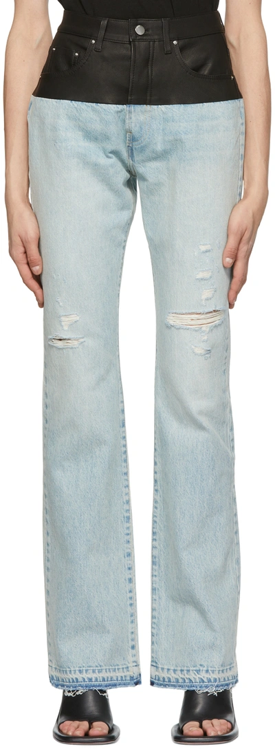 Amiri Leather-paneled Distressed Denim High-rise Slim-leg Jeans In Blue