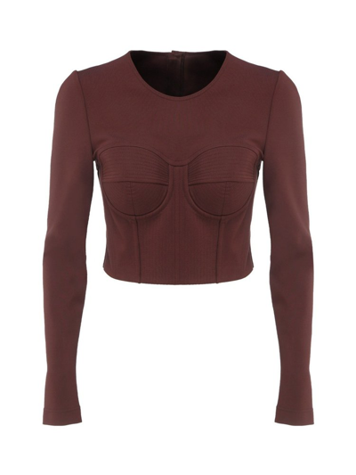 Dolce & Gabbana Long Sleeve Crop Stretch Jersey Corset Top In Brown
