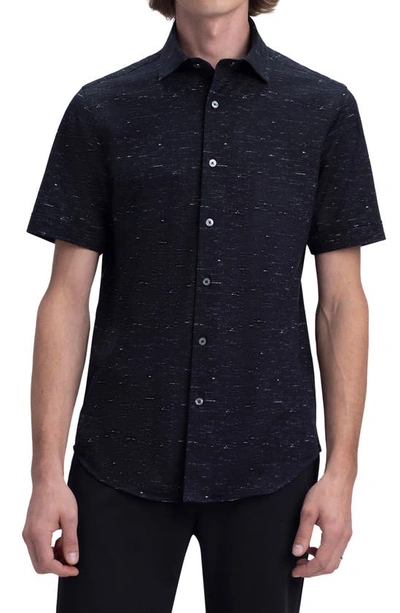 Bugatchi Tech Slub Knit Short Sleeve Stretch Cotton Button-up Shirt In Black