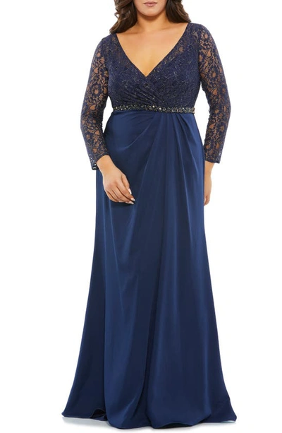 Mac Duggal Lace Long Sleeve Empire Gown In Midnight