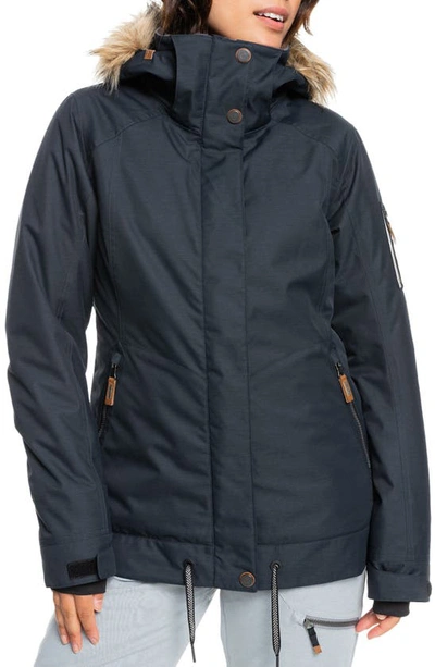 Roxy Meade Hooded Snow Jacket With Faux Fur Trim In True Black