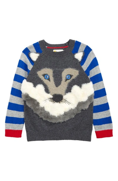 Boden Kids' Faux Fur Wolf Sweater In Charcoal Marl Wolf