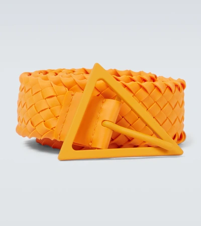 Bottega Veneta Triangle-buckle Intrecciato-rubber Belt In Orange
