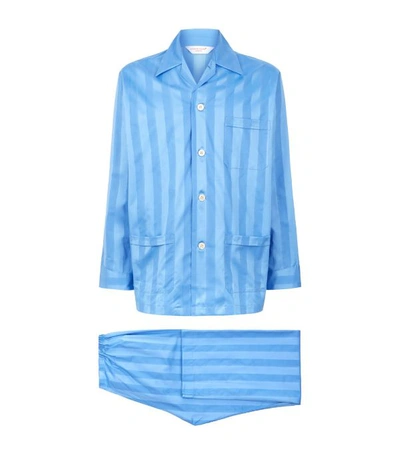 Derek Rose Lingfield Cotton Stripe Pyjama Set In Blue