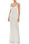 Mac Duggal Lattice Bead Sheath Gown In White