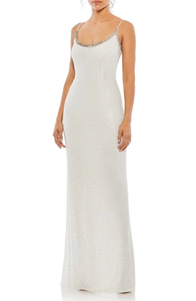 Mac Duggal Lattice Bead Sheath Gown In White