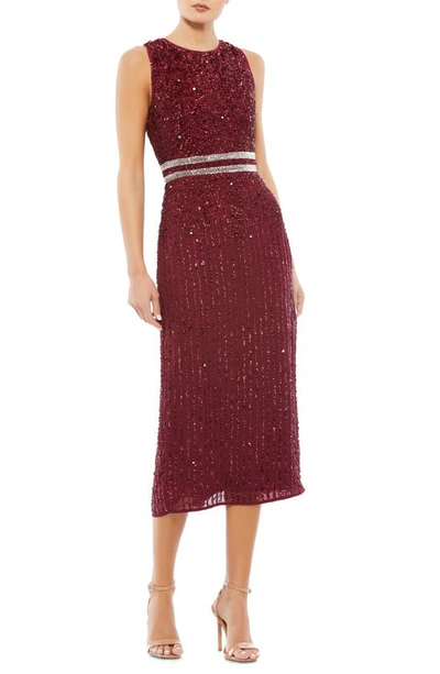 Mac Duggal Sequin High-neck Column Midi Dress In Burgundy