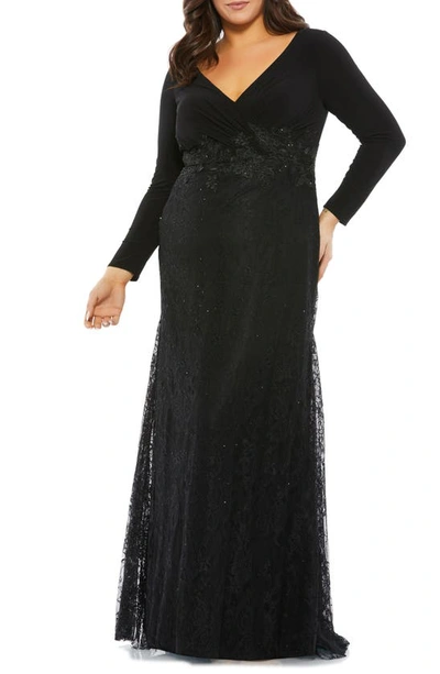 Mac Duggal Wrap-over Long Sleeve Lace Applique Trumpet Gown (plus) In Black