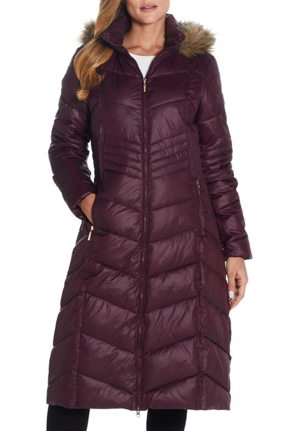 Gallery Long Quilted Parka With Faux Fur Trim In Port