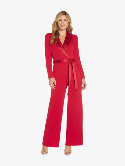 Adrianna Papell Notched-collar Belted Jumpsuit In Red