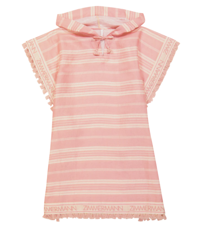 Zimmermann Kids' Andie Stripe Hooded Linen Cover-up Dress In Pink Stripe