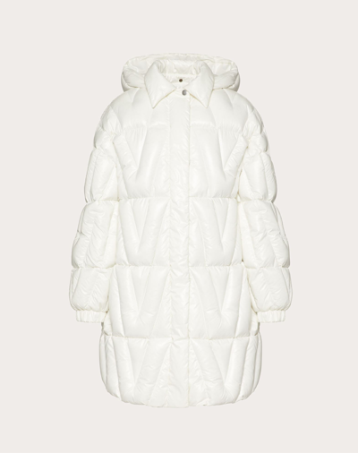 Valentino Quilted Optical V Logo Down Puffer Coat In White