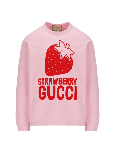 Gucci Strawberry Logo Cotton Sweatshirt In Pink