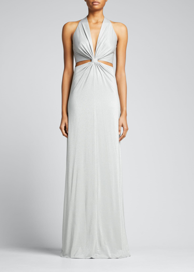 Halston Rose Shimmer Jersey Cutout Gown In Silver