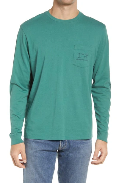 Vineyard Vines Vintage Football Whale Long Sleeve Pocket Cotton Graphic Tee In Grass