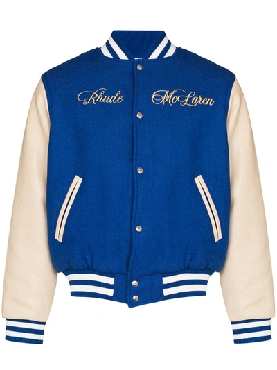 Rhude Mclaren Logo-embroidered Wool-twill And Leather Bomber Jacket In Blue