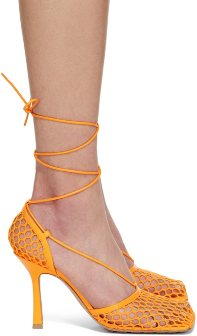 Bottega Veneta Stretch Square-toe Ankle-strap Mesh Pumps In Tangerine