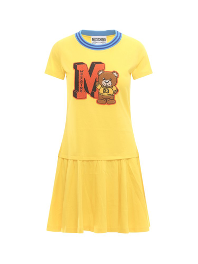 Moschino Teddy Bear Organic Cotton Dress In Yellow