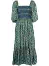 Cara Cara Jazzy Printed Smocked Midi Dress In Moroccan Tile Teal
