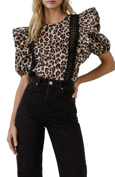 English Factory Leopard Print Ruffle Shoulder Cotton Top In Tan Multi