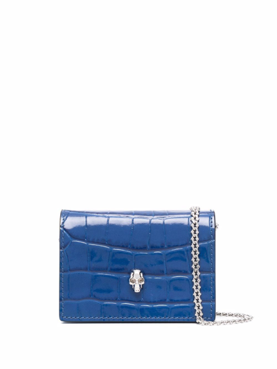 Alexander Mcqueen Skull Leather Card Holder On Chain In Azul