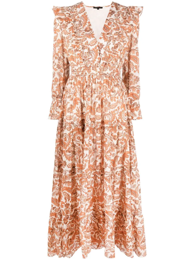 Maje Ruflina Paisley-print Frilled Organic-cotton Maxi Dress In Orange
