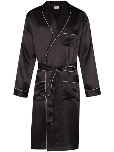 Zimmerli Piped-trim Belted Silk Robe In Black