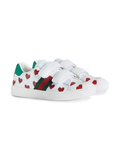 Gucci Kids' 心形印花皮革粘扣运动鞋 In Multicolor