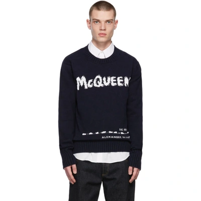 Alexander Mcqueen Graffiti Logo Intarsia Organic Cotton Sweater In Black