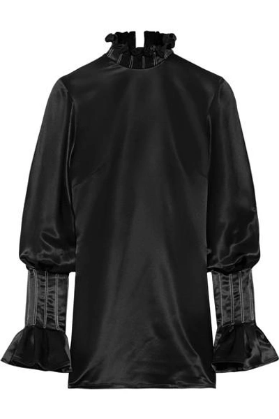 Beaufille Athena Ruffled Embroidered Satin Blouse In Black