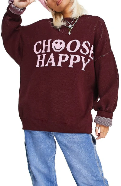 Topshop Knitted Choose Happy Sweater In Burgundy-red