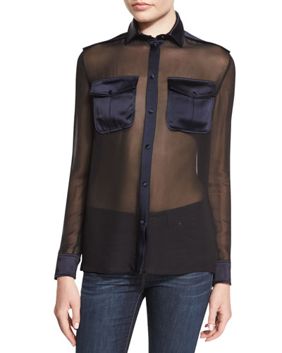 Tom Ford Long-sleeve Button-front Safari Blouse, Black/ink | ModeSens