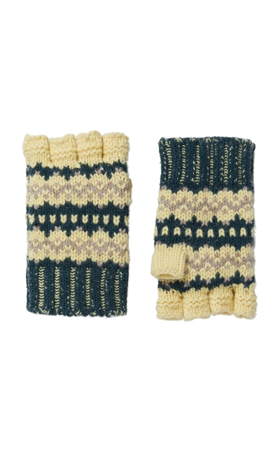 Burberry Fair Isle Wool-cashmere Blend Fingerless Gloves In Pine Green