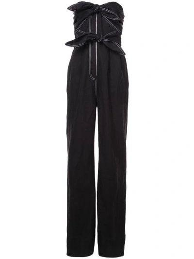 Derek Lam Strapless Bow-front Wide-leg Linen Jumpsuit With Mesh In Black