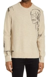 John Varvatos Graves Drawing Skull Crewneck Wool Blend Sweater In Bone White