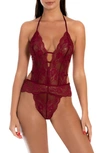 In Bloom By Jonquil Layla Lace Thong Teddy In Bordeaux