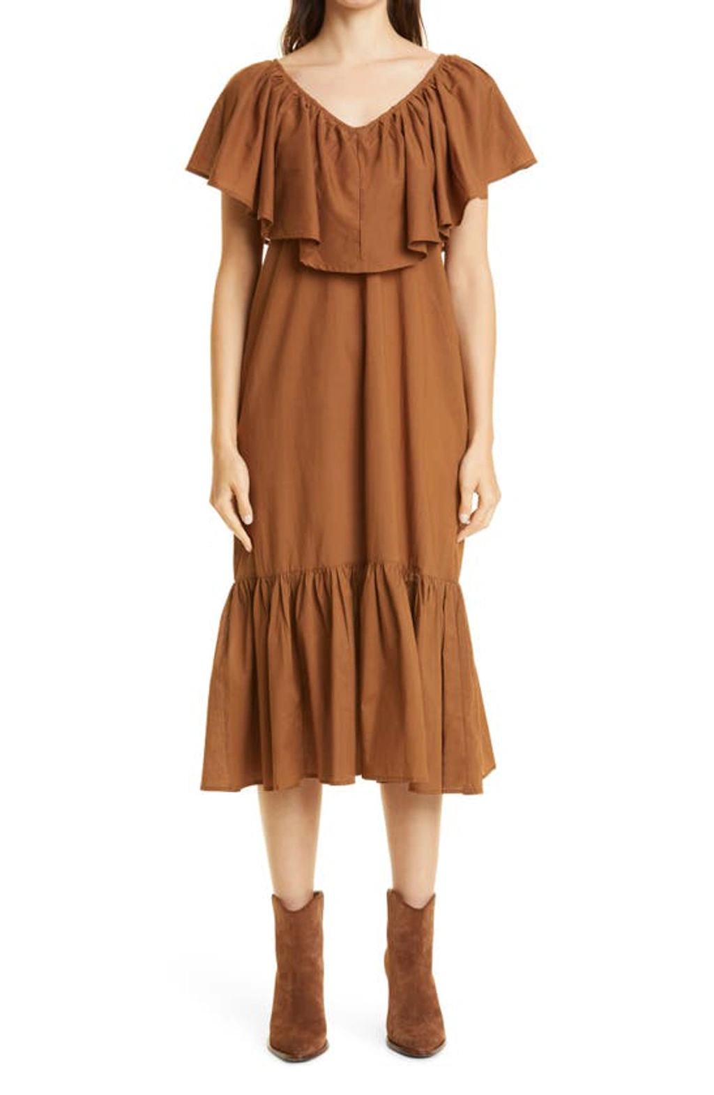 Mille Juliet Trapeze Ruffle Neck Midi Dress In Cafe Organic Cotton