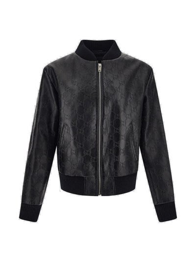Gucci Leather Gg Supreme Bomber Jacket In Black
