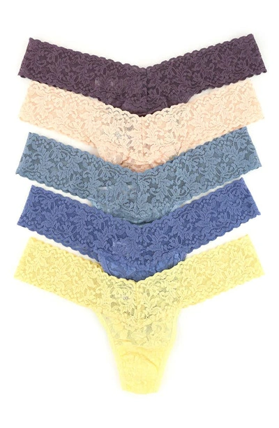Hanky Panky 5-pack Low Rise Lace Thongs In Dusk/vani/grym/chab/