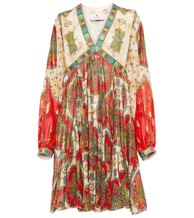 Etro Short Silk Dress With Multicolored Floral Paisley Print In Red