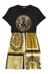 Versace Kids' Medusa Patchwork Cotton Dress In Black-goldhite