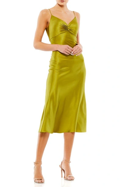 Ieena For Mac Duggal V Neck Satin Empire Waist Midi Dress In Apple Green