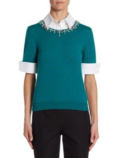 Mary Katrantzou Ella Embellished Point-collar Knit Combo Top In Everglade