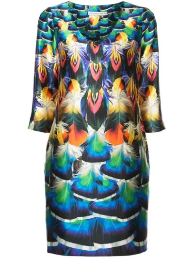 Mary Katrantzou Shea 3/4-sleeve Feather-print Silk Dress In Peacock Feather