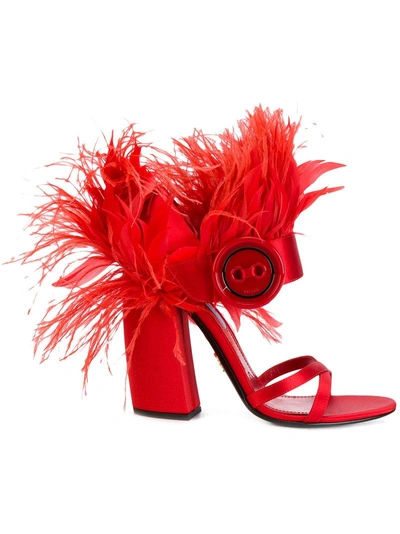 Prada Feather Block Heel Sandal In Red Satin | ModeSens