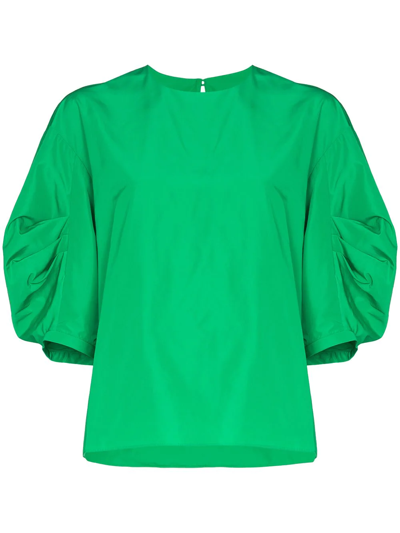 Tibi Italian Sporty Nylon Pleat Sleeve Top In Jadeite Green