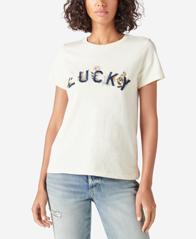 Lucky Brand Floral Embroidered Logo T-shirt In Whitecap Gray